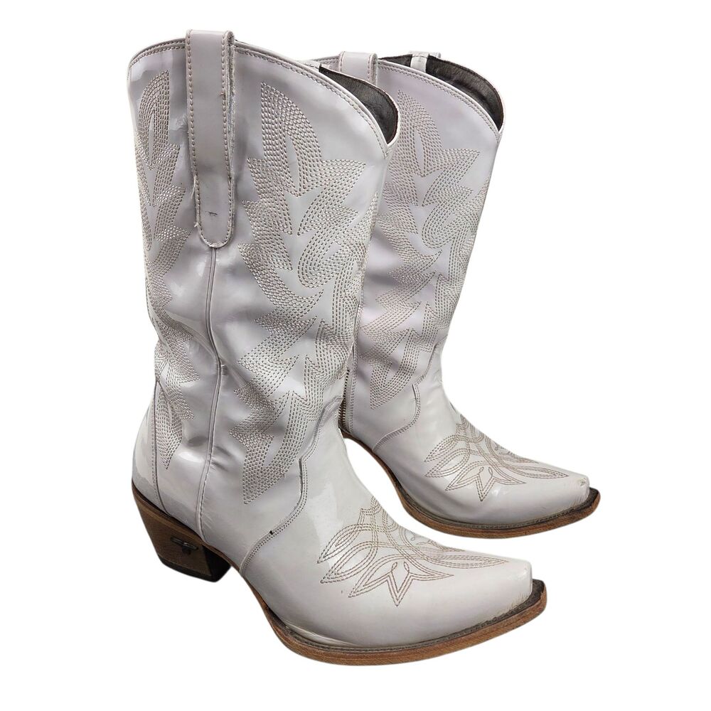 Lane Boots Womens Size 9.5 White Western Cowboy Stitch Embroidered Zip Patina